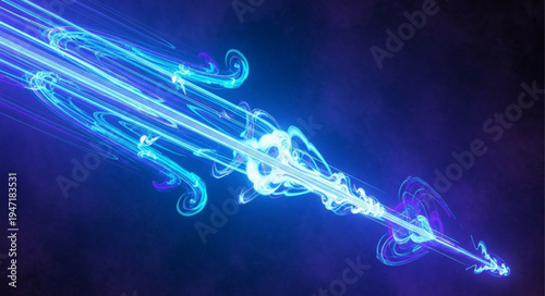 Abstract blue energy sword with glowing particles and swirling smoke.