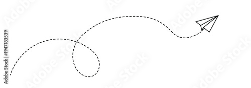 Paper airplane flying with a dashed path hand-drawn doodle aeroplane. flight path icon collection. paper areoplane route.  Paper areoplane with dotted flight path isolated on a white background.