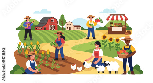 Diverse Farmers Working and Harvesting Produce on a Rural Farm Landscape. Agricultural Community, Sustainable Food Production Flat Vector Illustration.