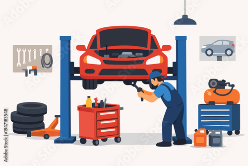 Professional car mechanic repairing a red vehicle on a hydraulic lift in a modern auto service center garage with tools, equipment, tires, and air compressor flat vector illustration design.