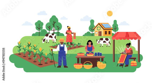 Diverse Black Farmers Community on Sustainable Farm: Agriculture, Produce Market Stand, Livestock, and Rural Entrepreneurship Flat Illustration.