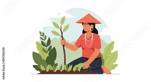 Southeast Asian Woman Planting Tree Sapling. Reforestation, Global Sustainability, and Nature Conservation Vector Illustration.