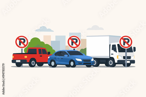 Flat Vector Illustration of a Red Pickup Truck, Blue Sedan, and White Delivery Van Parked Illegally in Front of No Parking Signs on a City Street with Skyline and Greenery Background.