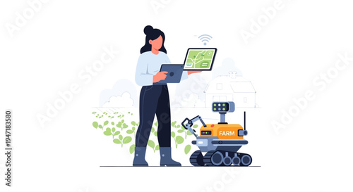 Precision Agriculture: Woman Farmer Controlling Farm Robot with Tablet. Smart Farming Technology and Automation Illustration.