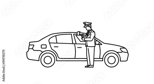 Police officer giving traffic ticket to driver, flat line art illustration isolated on white background