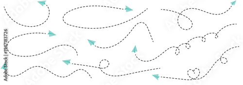 Colourful, fun paper plane with dotted line. Hand-drawn doodle aeroplane. flights paths icon collection. paper aeroplane route. Paper aeroplane with dashed flight path. 