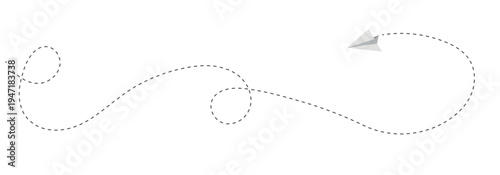 Paper airplane flying with a dashed path hand-drawn doodle aeroplane. flight path icon collection. paper areoplane route.  Paper areoplane with dotted flight path isolated on a white background.