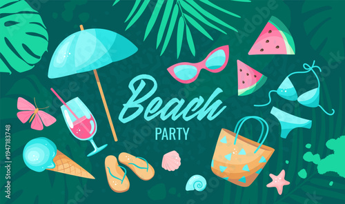 Beach party banner with tropical leaves