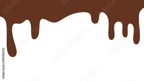 Melted chocolate or syrup drips isolated on a white background. Flowing liquid chocolate border element. A sweet brown syrup or sauce that melts and drips.