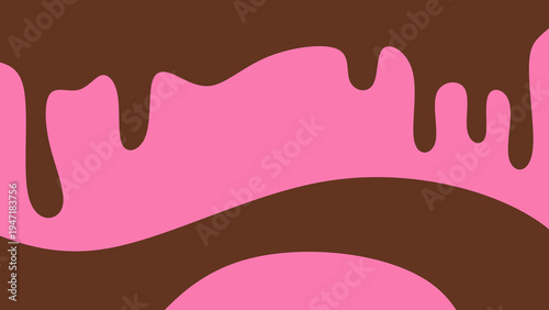 Sweet melting chocolate and pink strawberry icing glaze background. Melted syrup or dripping liquid sauce. Minimalist sweet chocolate and strawberry pink background. Minimalist wavy background.