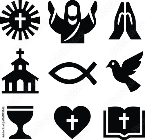 Flat vector icon set featuring Christian spiritual symbols including cross, Jesus, praying hands, church, bible, dove, fish, heart, and holy communion cup
