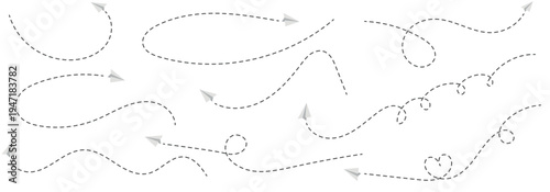  Paper aeroplane icon with flight path. Doodle vector illustration of a flying origami plane. Concept of sending messages,  travel, freedom, and startup vector illustration on a white background.