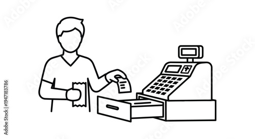 Man handing receipt at cash register in flat line style isolated on white background