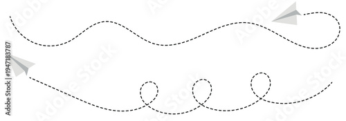  Paper aeroplane icon with flight path. Doodle vector illustration of a flying origami plane. Concept of sending messages,  travel, freedom, and startup vector illustration on a white background.