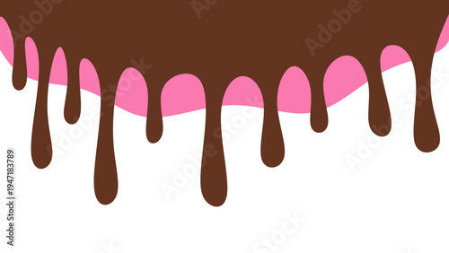 Sweet melting chocolate and pink strawberry icing glaze background. Melted syrup or dripping liquid sauce. Minimalist sweet chocolate and strawberry pink background. Minimalist wavy background.