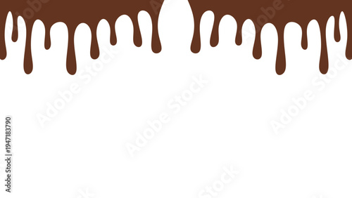 Melted chocolate or syrup drips isolated on a white background. Flowing liquid chocolate border element. A sweet brown syrup or sauce that melts and drips.