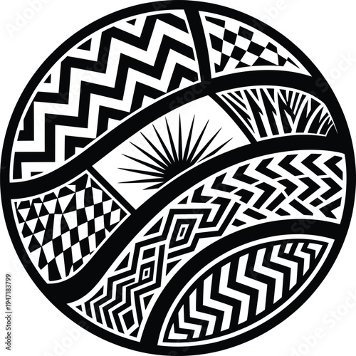 Intricate circular arrangement of varied tribal patterns and geometric motifs creating a modern cultural artistic emblem.