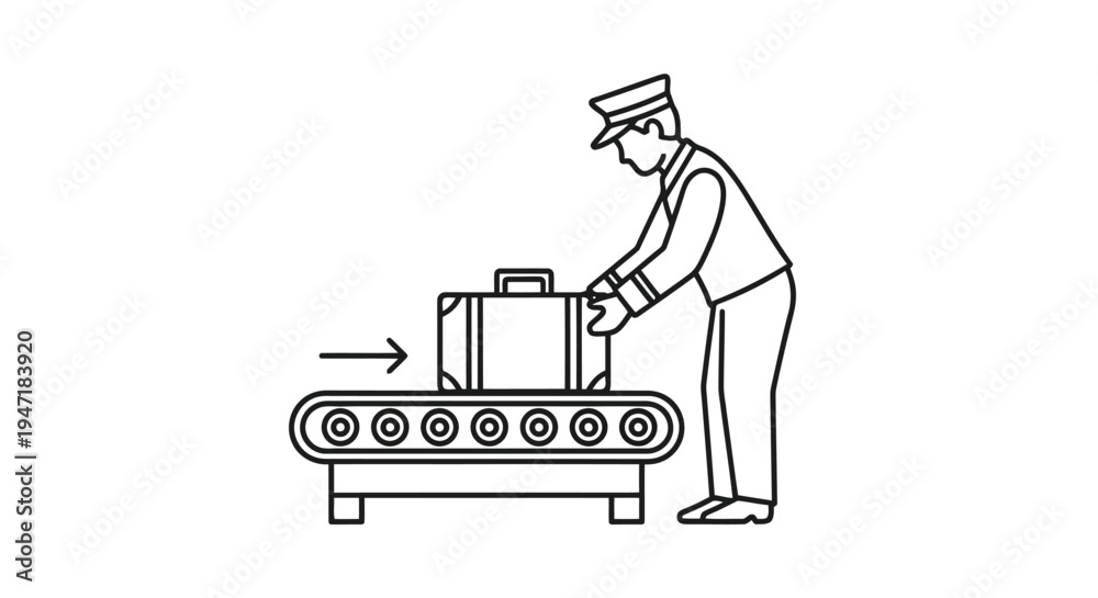 Fototapeta premium Airport worker loading luggage onto conveyor belt in flat design isolated on white background