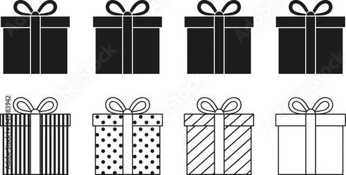 Gift box icon collection, present package silhouettes and outline set, ribbon bow celebration symbols, birthday Christmas surprise vector illustration bundle