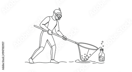 Man in diving gear scooping pollution with net into bottle on beach in flat illustration style isolated on white background