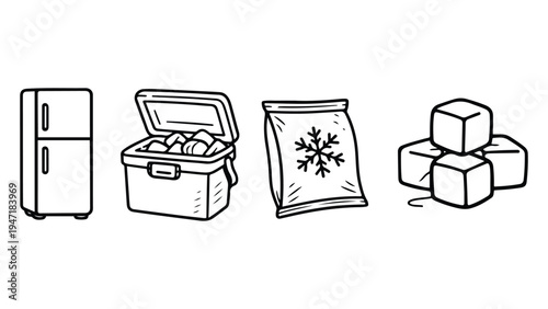Refrigeration and Ice Icons Set – Freezer, Cooler Box and Ice Cubes Vector
