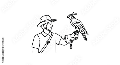Man holding a falcon on his hand in a flat illustration style isolated on white background
