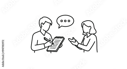 Line drawing of a man and woman talking with a notebook and speech bubble in a minimalist flat design style isolated on white background