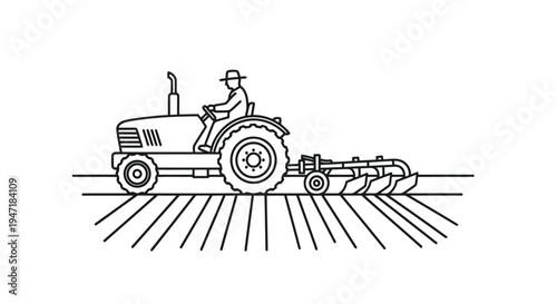 Tractor farmer plowing field with cultivator in flat line art style isolated on white background