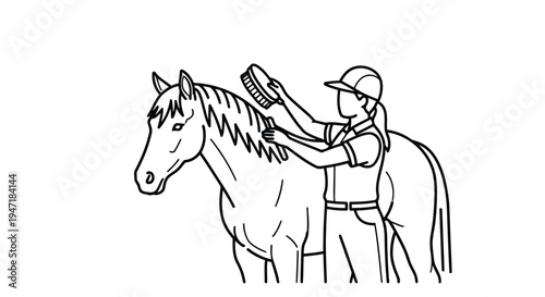 Man brushing horse mane flat illustration isolated on white background