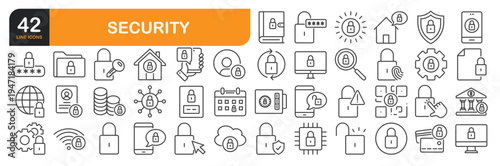 Set of line icons related to Security, Defense. Outline icons collection. Editable stroke. Vector illustration