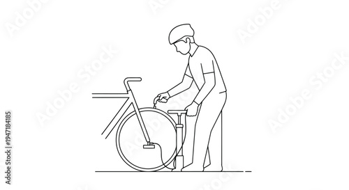 Man in cycling gear adjusting bicycle on flat illustration isolated on white background