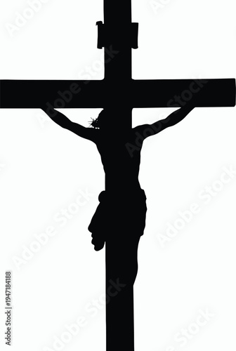 Jesus Christ crucifix silhouette on cross, Christian religion faith symbol isolated vector illustration representing sacrifice, salvation, spirituality and Christianity worship
