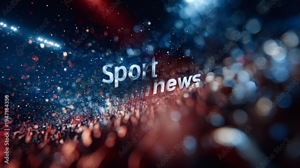 Fototapeta premium Sport news title rendering with sparkling particles and blurred bokeh lights, creating a dynamic broadcast background atmosphere for breaking sports headlines