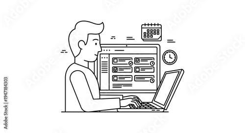 Man working on laptop with large computer screen and calendar isolated on white background