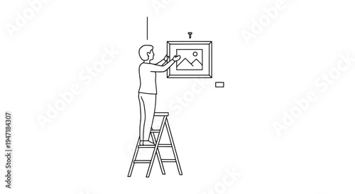 Man on ladder hanging picture frame on wall at home isolated on white background