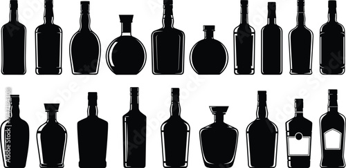 liquor, bottles, silhouette, alcohol, drink, whiskey, vodka, rum, brandy, beverage, glass, bottle, collection, bar, template, packaging, label, isolated, black, vector, set, design