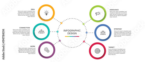 A colorful infographic design template with six interconnected circles and icons