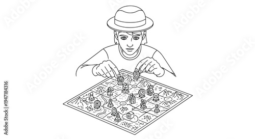 Man playing board game with pieces on table in flat line art style isolated on white background
