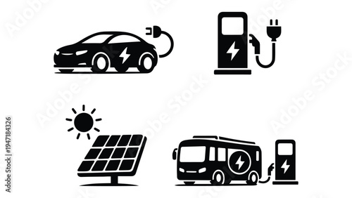 Electric Vehicle and Charging Station Icons – EV Car, Battery and Solar Energy Vector Set
