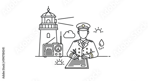 Nautical officer writing report at desk with lighthouse and radio in background, sunny day with rain isolated on white background