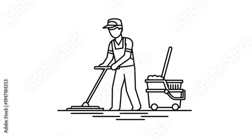 Man cleaning floor with mop and bucket in flat design isolated on white background