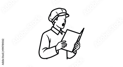 Man in cap reading clipboard flat illustration isolated on white background