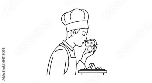 Chef tasting pastry on a tray in a modern flat design isolated on white background