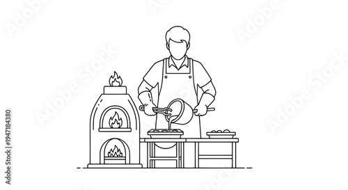 Man cooking with pizza peel in front of brick oven, flat line art isolated on white background