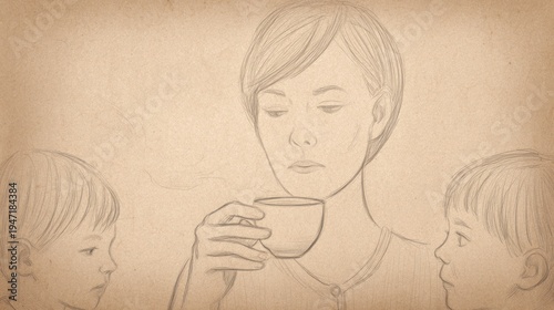 A pencil drawing portrays a woman and two children sharing a quiet moment together, drinking