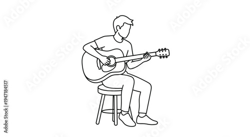 Man playing acoustic guitar on stool, one line drawing style isolated on white background
