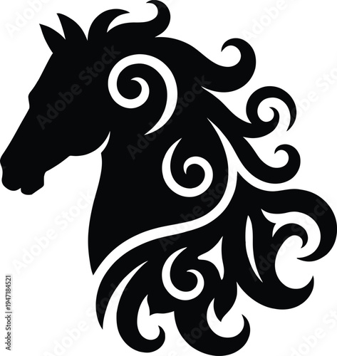 Wallpaper Mural Artistic black horse head silhouette with decorative floral swirl mane ornament vector illustration on white. Torontodigital.ca