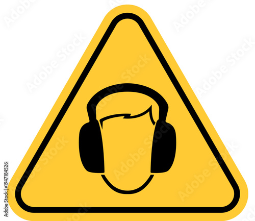 Yellow warning triangle with ear protection symbol safety sign for hearing protection in noisy environments isolated on white background