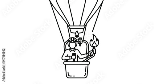 Man flying in hot air balloon with burner flame isolated on white background