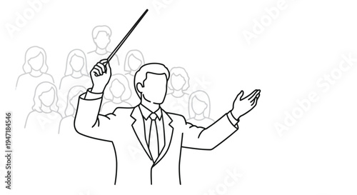 Conductor leading orchestra with baton in formal suit minimalist line art illustration isolated on white background